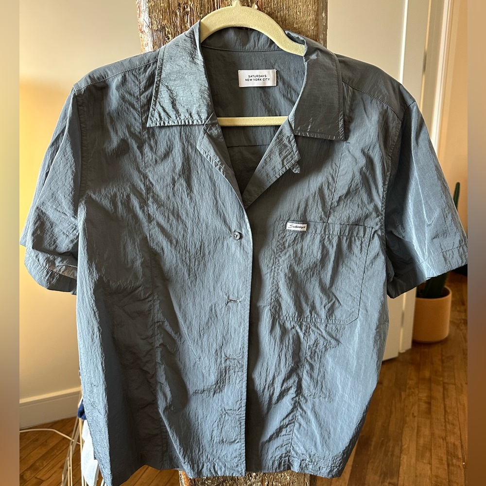 Women’s Saturdays NYC nylon shirt in grey-ish blue. Size XXL
